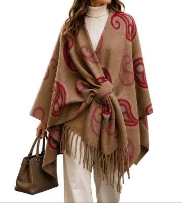 Produktbild von BZNA Strickponcho in Camel - Wolltuch mit Fransen - Poncho  ITALY