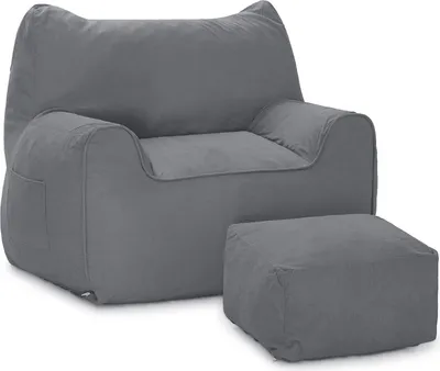 A gray beanbag chair with armrests and a matching ottoman, presented against a white background.