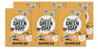 Imagen del producto de 6 champús sólidos "Marcel's Green Soap" – Aroma a vainilla y flor de cerezo – 90 g – Paquete económico – 6 unidades