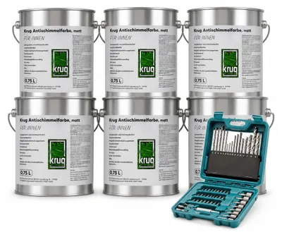 Set 6 x 0,75 Ltr. Krug Antischimmelfarbe, matt + 1 x Makita Zubehörset P-90358