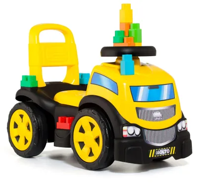 Produktbild von 3-in-1 Rutscherauto LKW gelb mit Klemmbausteinen, Kinderfahrzeug mit Spielzeug