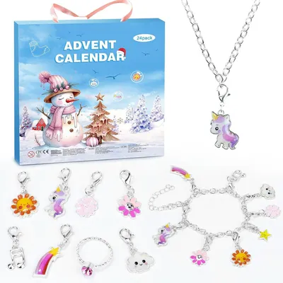 Image de Calendrier de l'Avent 2025 pour enfants - Filles - 24 bijoux - Calendrier de compte à rebours pour Noël - Avec bracelet et collier