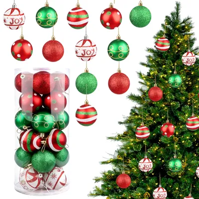 24 Weihnachtskugeln, 6 cm, rot/grün/weiß, Glitzer, unzerbrechlich