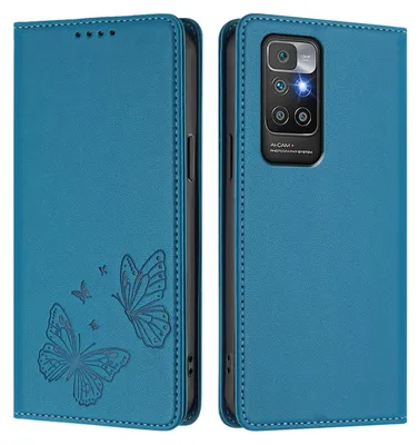 Produktbild von Lederhülle für Xiaomi Redmi 10 4G, Schmetterling Prägung Leder Brieftasche Schutzhülle mit Ständer Blau