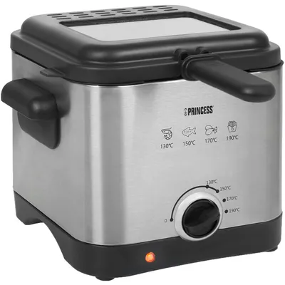 A stainless steel mini deep fryer with a black lid and control dial.