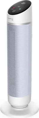 A white cylindrical heater with a black top panel displaying controls and a digital readout.