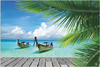 Produktbild von Wallario Wandbild Sonnenboot in der Karibik, Größe: 61 x 91,5 cm, Poster mit rahmenlosen Bildhalter