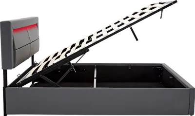 Produktbild von Flieks Polsterbett 140x200cm mit USB, Hydraulisches Boxspringbett mit LED, Jugendbett Stauraumbett mit Lattenrost, Doppelbett Holzbett, PU, Grau