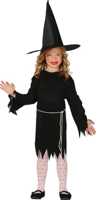 Produktbild von Hexe Halloween Kinderkostüm Zauberhafte Schwarze Robe Mit Spitze Hut Und Mystischem Gürtel, Größe: 98/104 Farbe: Schwarz