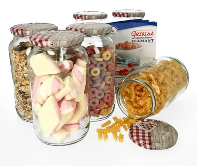 Produktbild von 6er Set Einkochgläser 1062ml Rundglas Holz Herz rot Deckel Einmachgläser Marmelade Einweckglas