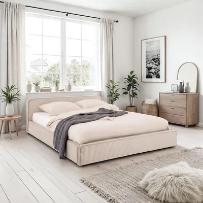 A bedroom scene with a bed, dresser, and window.