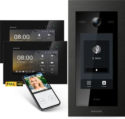 Produktbild von Balter EVO-HD Video Türsprechanlage mit Touchscreen, App, 1 Familienhaus, 2x 7 Zoll Monitor, Türklingel mit Kamera Full HD, 2 Draht Bus, schwarz