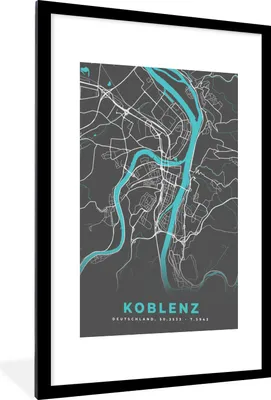 Produktbild von MuchoWow® Gerahmtes Poster Karte - Koblenz - Blau - Stadtplan - Deutschland 60x90 cm - Poster mit Schwarzem Bilderrahmen Wandposter Rahmen Foto Bilder - Dekoration - Wandposter Wohnzimmer - Hochwertig