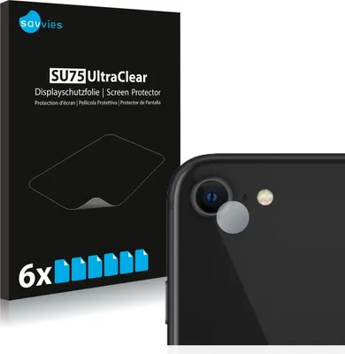 A product box for screen protectors is shown next to a close-up of a smartphone camera lens with a screen protector applied.