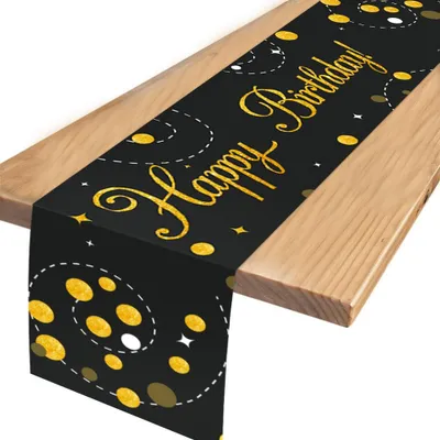 Tafelloper Happy Birthday, 180 cm, Schwarz-Gold, Geburtstagsdeko
