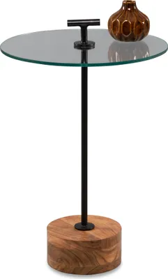 Produktbild von Beistelltisch Pori 2 aus Akazienholz und Metall mit Glasplatte, schwarz, Ø 40cm, 56cm Höhe