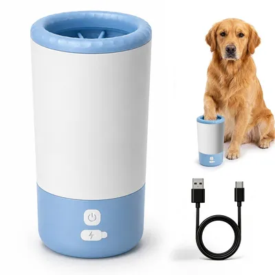 Produktbild von Elektrischer Pfotenreiniger für Hunde & Katzen, 360° Rotierende Silikonbürste, USB Akku Hundewaschbecher, wasserdichter Pfotenwascher für Haustiere