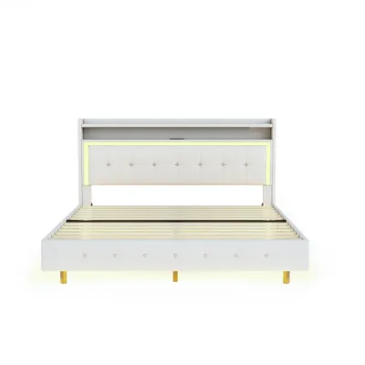 Produktbild von Flieks Polsterbett 140x200cm mit USB und LED, Doppelbett mit Lattenrost, Jugendbett Holzbett mit Ablage, Klassisches Bett, Leinen, Beige