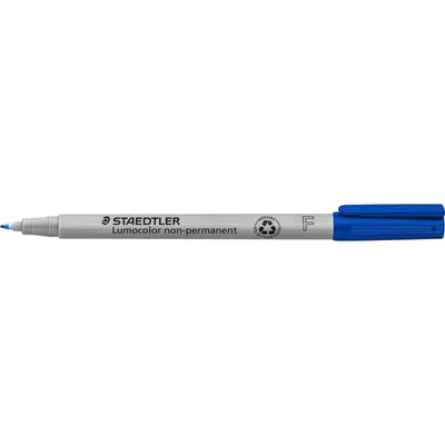 A single blue Staedtler Lumocolor non-permanent marker with its cap on, lying horizontally against a white background.