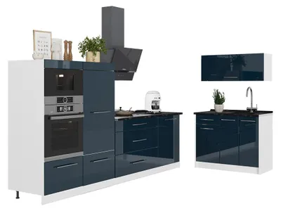Productafbeelding van Keuken Vicco Fame-Line Donkerblauw hoogglans/Wit 380 cm, WB Eik, Model 64134