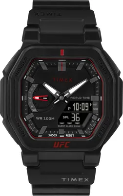 A black digital and analog watch with red accents.