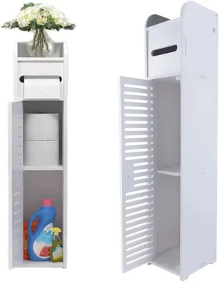 Produktbild von Badschrank - Freistehender Bodenschrank - 3 Ablagen - Schmal 17x16x81 cm - Mit Tür - Toilettenpapierhalter - MDF - Weiß