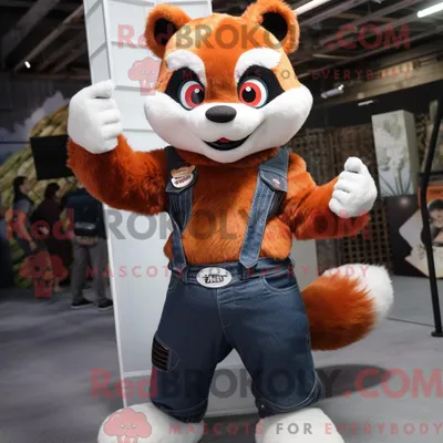 Produktbild von Rostroter REDBROKOLY Panda Maskottchen Kostüm Charakter gekleidet in einer Bootcut Jeans und Handschuhe