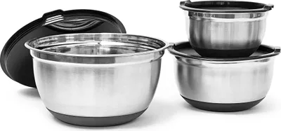Produktbild von Relaxdays Schüssel Set BOWLY mit Deckel, HxBxT: ca. 14,5 x 25,5 x 25,5 cm, 3er Set, stapelbar, Edelstahl, silber-schwarz