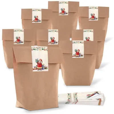 Produktbild von 50 kleine Papiertüten braun natur 16,5 x 26 x 6,6 cm + 50 Aufkleber weihnachtlich WUNDERBARE WEIHNACHTEN STERNE beige weiß Geschenk-Verpackung SET Kraftpapier Befüllen Papier-Tütchen BeutelBaum Grün, Gelb / 25 Stück