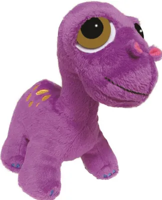 A purple plush toy dinosaur is shown from a three-quarter angle against a white background.