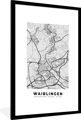 Produktbild von MuchoWow® Gerahmtes Poster Stadtplan - Waiblingen - Karte - Deutschland 60x90 cm - Poster mit Schwarzem Bilderrahmen Wandposter Rahmen Foto Bilder - Dekoration - Wandposter Wohnzimmer - Hochwertig