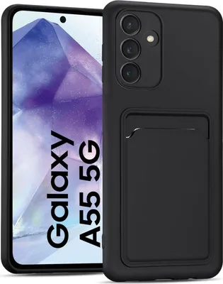 A black phone case with a card slot is shown on a phone screen displaying the 'Galaxy A55 5G' text.
