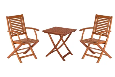 A set of wooden garden furniture on a white background.