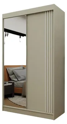 Produktbild von 150 cm Kleiderschrank Neli mit Lamellen und Spiegel inklusive 2 Schiebetüren Schwebetürenschrank (Farbe: kaschmir, kaschmir, Lamelle weiß)