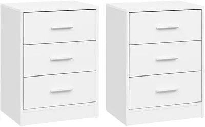 Imagen del producto de Juego de 2 mesitas de noche, mesitas auxiliares con 3 cajones, mesitas de noche blancas, cómodas para dormitorio o salón, 39x54x28 cm, modelo NTS26ws-2