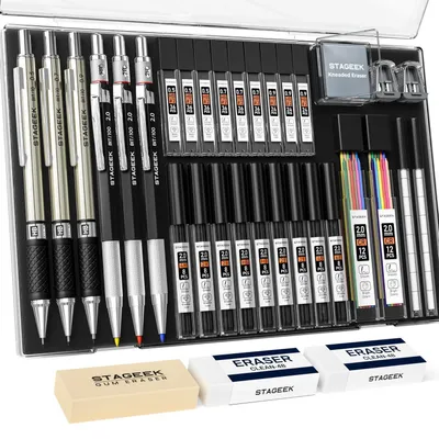 Immagine prodotto di Set di matite grafite da disegno, 34 pezzi, con 384 mine di ricambio, ideali per artisti, disponibili nelle misure 0,5/0,7/0,9/2,0 mm, include gomma da cancellare e temperino