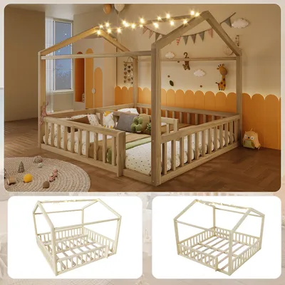 Image de Lit enfant Merax 90 x 190 cm, combinable pour former un lit de 180 x 190 cm, lit maison, lit au sol avec barrières, bois massif, perles LED, minimaliste, lit pour adolescent, naturel