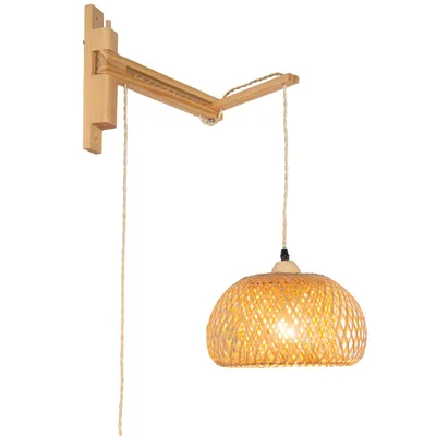 Image de Applique murale en rotin à double paroi, Ø 29 cm, bras en bois orientable, hauteur réglable, câble avec prise européenne et interrupteur, douille E27