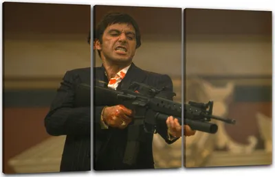 Produktbild von Leinwandbild 3-teilig (120x80cm): Scarface Tony Montana (farbig), echter Holz-Keilrahmen inkl. Aufhänger, handgefertigt in Deutschland