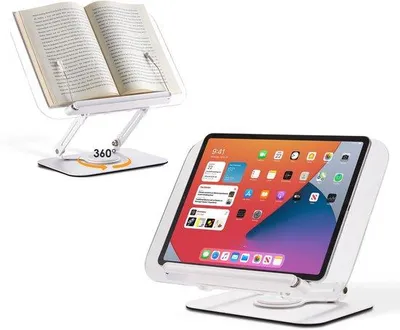 Productafbeelding van Ibenzoa® Verstelbare aluminium tablet- en boekenstandaard, met 360° draaitafel, acrylplaat van 34x23 cm, maximale boekhoogte 434 cm, draagvermogen 3 kg