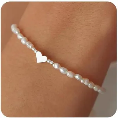 Produktbild von Perlenarmband, Herzanhänger, 14K vergoldet, weiße Perle, für Damen