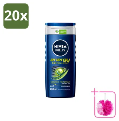 Immagine prodotto di 20 confezioni di gel doccia 2-in-1 NIVEA MEN Energy, 250 ml ciascuna - confezione risparmio - 20 pezzi
