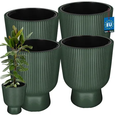 Produktbild von KOTARBAU® 4er Set Blumentopf ⌀ 39cm Orchideentopf Übertopf mit Innentopf Pflanzentopf mit Sockel Geriffelt Kelchform Pflanzkübel aus Kunststoff Grün