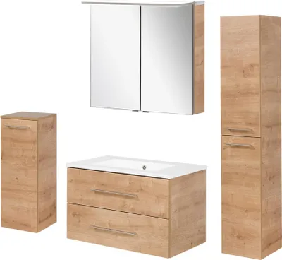 Produktbild von FACKELMANN B.PERFEKT Badmöbel Set 5-teilig, Braun hell, Waschbecken Keramik Weiß + Spiegelschrank + Midischrank + Hochschrank