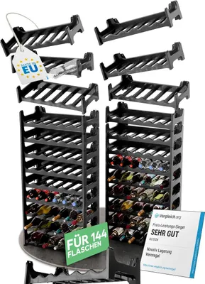Produktbild von AMP GmbH, 24 stapelbare Kunststoff-Flaschenregale, Anthrazit, für 144 Flaschen, Wandmontage, Gesamtmaße 60x28x336 cm, Einzelmaße je Regal 60x28x14 cm, für Keller, Garage, Lager, Gastronomie.