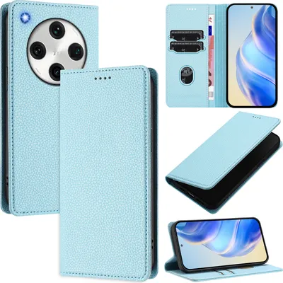 Produktbild von Litchi Leder Handyhülle für Oppo Find X8 Pro Wallet Kartenfächer Standfunktion Hülle Hellblau
