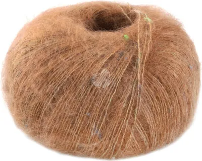 A ball of fuzzy, light brown yarn with subtle flecks of other colors.