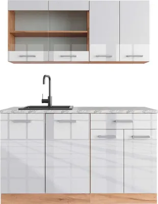 Produktbild von Singleküche Vicco R-Line Weiß Hochglanz/Goldkraft Eiche 140 cm , AP Marmor, Model 43235