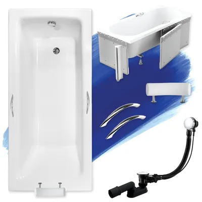 Zdjęcie produktu dla Wanna Akrylowa Zestaw 6w1 Prostokątna 170x75 + Zabudowa Styropianowa + Uchwyty + Czarny Zagłówek, Syfon i Nogi w komplecie | BADLAND TALIA PREMIUM
