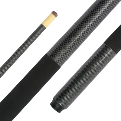 A close-up view of a billiard cue against a white background.